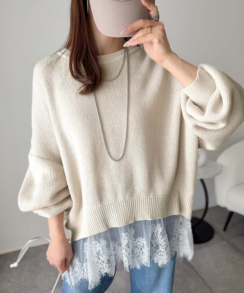 classicalelf（クラシカルエルフ）の「パッと着て、オシャレ完了◎裾レースドッキングニットプルオーバー（長袖）（ニット/セーター・レディース・アイボリー/モカ/グレー/チャコール/スミクロ・LARGE/X-LARGE/SMALL/MEDIUM）」の11枚目の写真