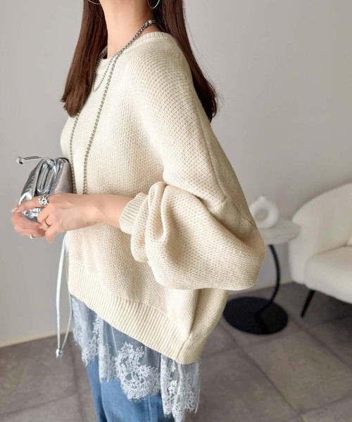 classicalelf（クラシカルエルフ）の「パッと着て、オシャレ完了◎裾レースドッキングニットプルオーバー（長袖）（ニット/セーター・レディース・アイボリー/モカ/グレー/チャコール/スミクロ・LARGE/X-LARGE/SMALL/MEDIUM）」の9枚目の写真
