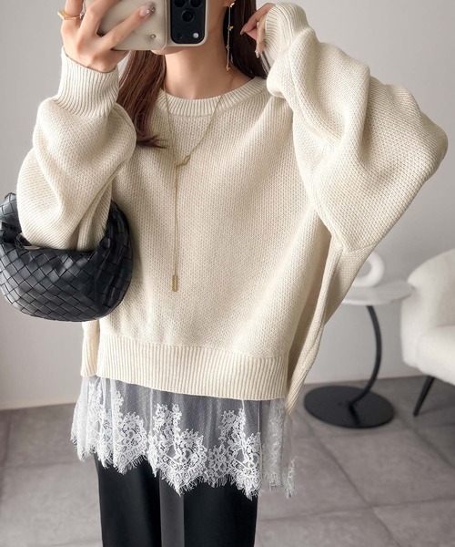 classicalelf（クラシカルエルフ）の「パッと着て、オシャレ完了◎裾レースドッキングニットプルオーバー（長袖）（ニット/セーター・レディース・アイボリー/モカ/グレー/チャコール/スミクロ・LARGE/X-LARGE/SMALL/MEDIUM）」の6枚目の写真