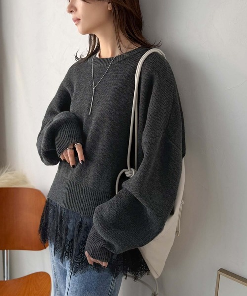 classicalelf（クラシカルエルフ）の「パッと着て、オシャレ完了◎裾レースドッキングニットプルオーバー（長袖）（ニット/セーター・レディース・アイボリー/モカ/グレー/チャコール/スミクロ・LARGE/X-LARGE/SMALL/MEDIUM）」の22枚目の写真