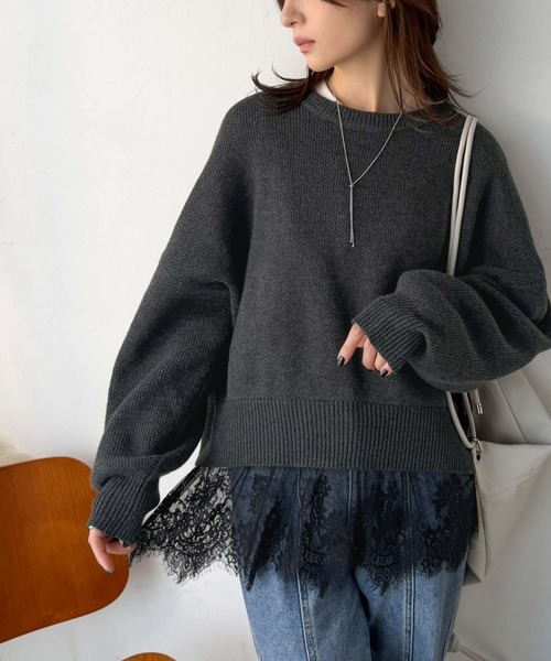 classicalelf（クラシカルエルフ）の「パッと着て、オシャレ完了◎裾レースドッキングニットプルオーバー（長袖）（ニット/セーター・レディース・アイボリー/モカ/グレー/チャコール/スミクロ・LARGE/X-LARGE/SMALL/MEDIUM）」の17枚目の写真