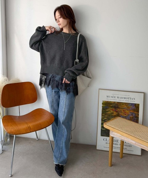 classicalelf（クラシカルエルフ）の「パッと着て、オシャレ完了◎裾レースドッキングニットプルオーバー（長袖）（ニット/セーター・レディース・アイボリー/モカ/グレー/チャコール/スミクロ・LARGE/X-LARGE/SMALL/MEDIUM）」の18枚目の写真