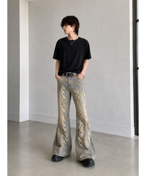 Bling Leads（ブリングリーズ）の「【Bls】 【ZM】【Bling Leads】ダメージ加工 ベルボトムデニムパンツ（デニムパンツ・メンズ・ブルー・MEDIUM/LARGE）」の4枚目の写真