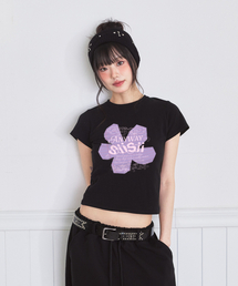 ノートフラワープリンティングスリムフィット半袖Tシャツブラック