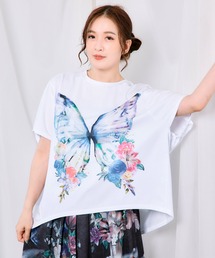 :水彩調 花蝶柄シルケットタッチプルオーバー