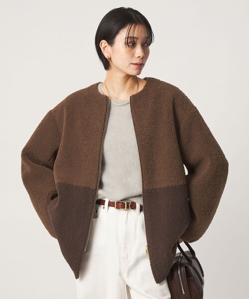 green label relaxing（グリーンレーベルリラクシング）の「［size SHORTあり］ボア ノーカラー ブルゾン（ブルゾン・レディース・オリーブ/ダークブラウン/グレー/モカ/ブラック/ナチュラル・SHORT/FREE）」の4枚目の写真