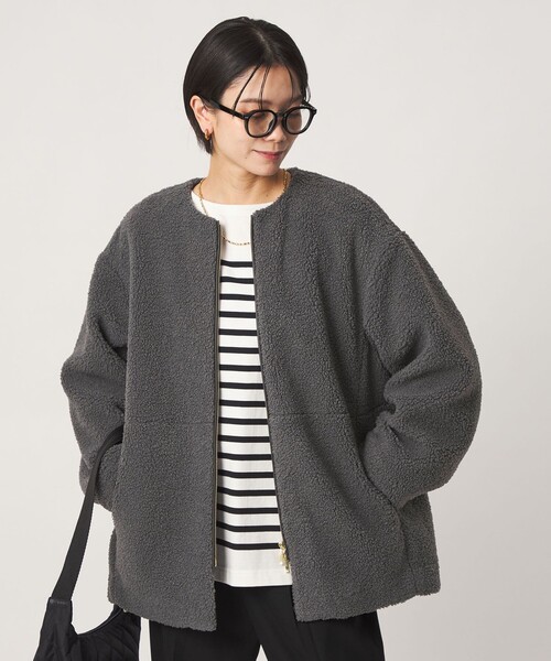 green label relaxing（グリーンレーベルリラクシング）の「［size SHORTあり］ボア ノーカラー ブルゾン（ブルゾン・レディース・オリーブ/ダークブラウン/グレー/モカ/ブラック/ナチュラル・SHORT/FREE）」の3枚目の写真