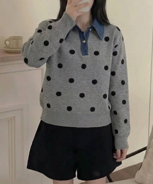 LADY LIKE(レディライク)の「【秋冬新作】デニム切替えドット柄ニット(ニット/セーター・レディース・ネイビー/ブラウン/グレー/ブラック・M)」の10枚目の写真