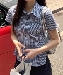 チェック柄ウエストシェイプ半袖シャツ