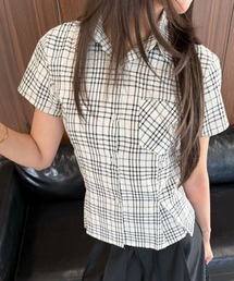 チェック柄ウエストシェイプ半袖シャツ