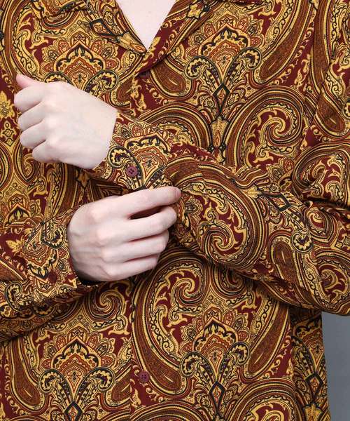 ペイズリー柄 長袖シャツ ネイビー/ゴールド