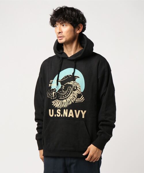 HOUSTON(ヒューストン)の「【HOUSTON】H/W PRINT HOODIE(NAVY)(パーカー・メンズ・ブラック/グレー/ホワイト・MEDIUM/LARGE/X-LARGE)」の2枚目の写真
