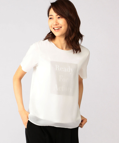 A/C DESIGN BY ALPHA CUBIC（エーシーデザインバイアルファキュービック）の「前身シフォン重ねロゴTシャツ（Tシャツ/カットソー・レディース・ブラック/ライトグレー/オフホワイト・L size/M size）」の2枚目の写真