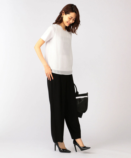 A/C DESIGN BY ALPHA CUBIC（エーシーデザインバイアルファキュービック）の「前身シフォン重ねロゴTシャツ（Tシャツ/カットソー・レディース・ブラック/ライトグレー/オフホワイト・L size/M size）」の5枚目の写真