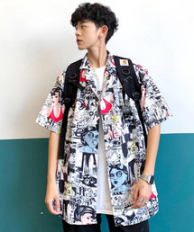 【neos -addictive design-】ルーズシルエット アメコミ 総柄 オープンカラーシャツ