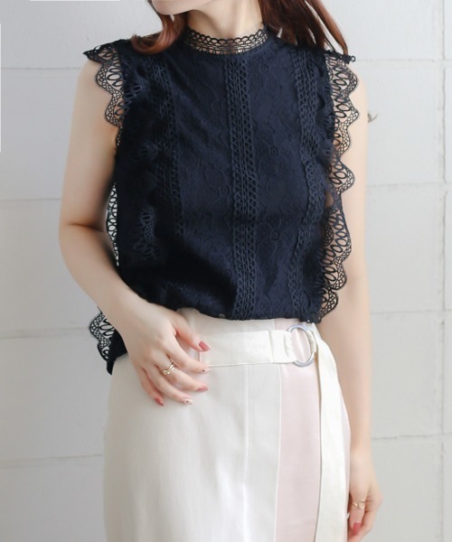 Bou Jeloud（ブージュルード）の「レースライン ノースリーブスタンドカラー切替シャツブラウス（シャツ/ブラウス・レディース・ライトブルー/ブラック/ベージュ・FREE）」の2枚目の写真
