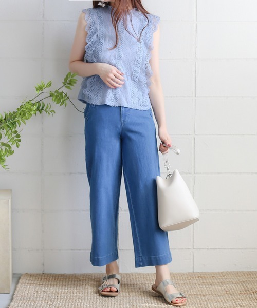 Bou Jeloud（ブージュルード）の「レースライン ノースリーブスタンドカラー切替シャツブラウス（シャツ/ブラウス・レディース・ライトブルー/ブラック/ベージュ・FREE）」の4枚目の写真