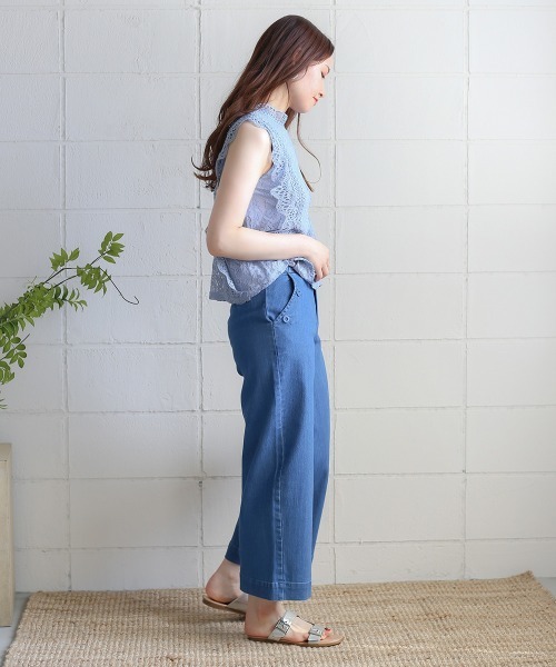 Bou Jeloud（ブージュルード）の「レースライン ノースリーブスタンドカラー切替シャツブラウス（シャツ/ブラウス・レディース・ライトブルー/ブラック/ベージュ・FREE）」の5枚目の写真