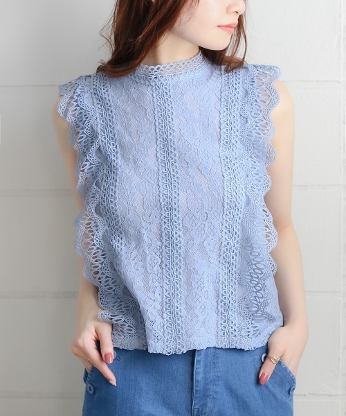 Bou Jeloud（ブージュルード）の「レースライン ノースリーブスタンドカラー切替シャツブラウス（シャツ/ブラウス・レディース・ライトブルー/ブラック/ベージュ・FREE）」の6枚目の写真