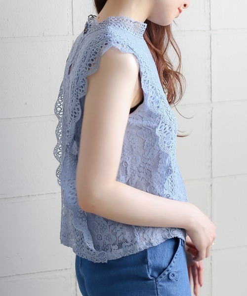 Bou Jeloud（ブージュルード）の「レースライン ノースリーブスタンドカラー切替シャツブラウス（シャツ/ブラウス・レディース・ライトブルー/ブラック/ベージュ・FREE）」の8枚目の写真