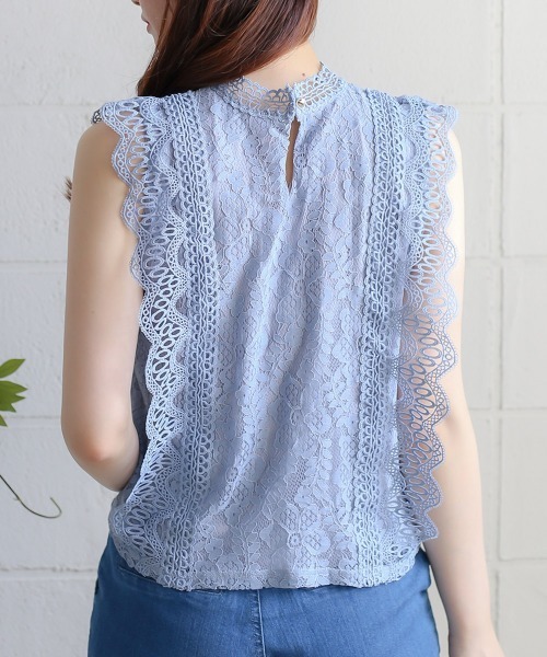 Bou Jeloud（ブージュルード）の「レースライン ノースリーブスタンドカラー切替シャツブラウス（シャツ/ブラウス・レディース・ライトブルー/ブラック/ベージュ・FREE）」の9枚目の写真