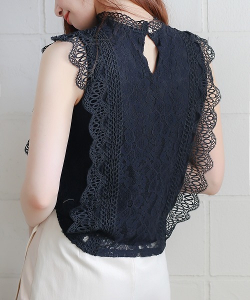 Bou Jeloud（ブージュルード）の「レースライン ノースリーブスタンドカラー切替シャツブラウス（シャツ/ブラウス・レディース・ライトブルー/ブラック/ベージュ・FREE）」の13枚目の写真