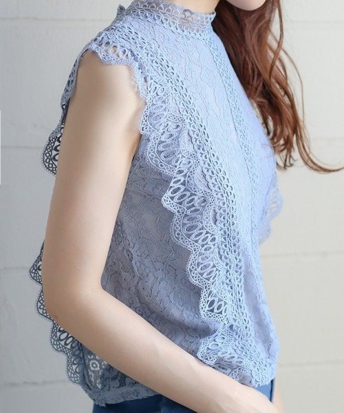 Bou Jeloud（ブージュルード）の「レースライン ノースリーブスタンドカラー切替シャツブラウス（シャツ/ブラウス・レディース・ライトブルー/ブラック/ベージュ・FREE）」の22枚目の写真