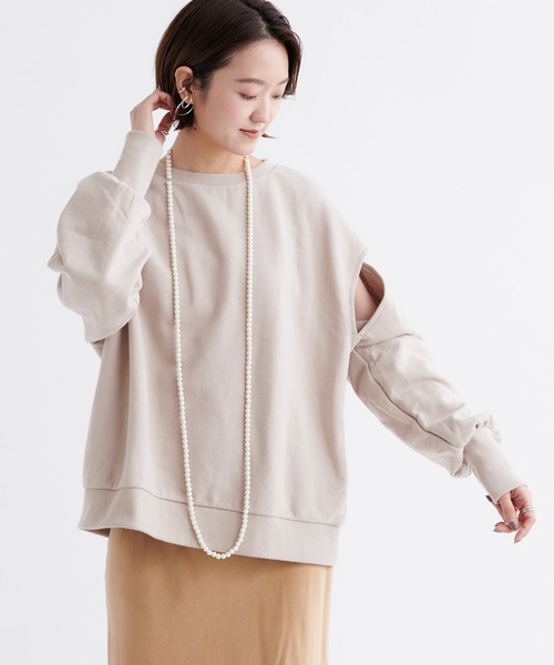 DouDou（ドゥドゥ）の「【WEB限定】デザインスリーブスウェット（Tシャツ/カットソー・レディース・ブラック/オフホワイト/グレイッシュベージュ・FREE）」の12枚目の写真