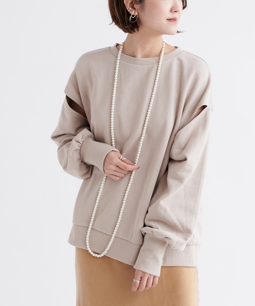 DouDou（ドゥドゥ）の「【WEB限定】デザインスリーブスウェット（Tシャツ/カットソー・レディース・ブラック/オフホワイト/グレイッシュベージュ・FREE）」の14枚目の写真