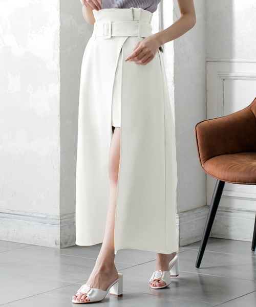 Julia Boutique（ジュリアブティック）の「ウエストベルト付きスリットロングスカート/21023（スカート・レディース・ブラック/ベージュ/イエロー/ホワイト/ライトベージュ・ONE）」の2枚目の写真