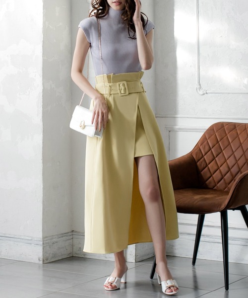 Julia Boutique（ジュリアブティック）の「ウエストベルト付きスリットロングスカート/21023（スカート・レディース・ブラック/ベージュ/イエロー/ホワイト/ライトベージュ・ONE）」の5枚目の写真