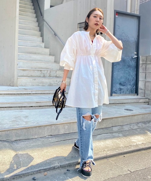 WHO'S WHO gallery（フーズフーギャラリー）の「ボリュームミニワンピ（シャツワンピース・レディース・ブラック/オフホワイト・FREE）」の9枚目の写真