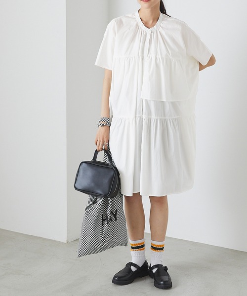 forksy.】アシンメトリー ティアードチュニックシャツワンピース