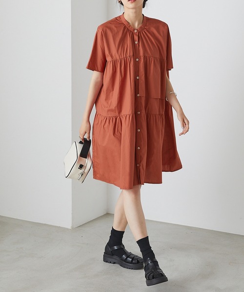 forksy.】アシンメトリー ティアードチュニックシャツワンピース