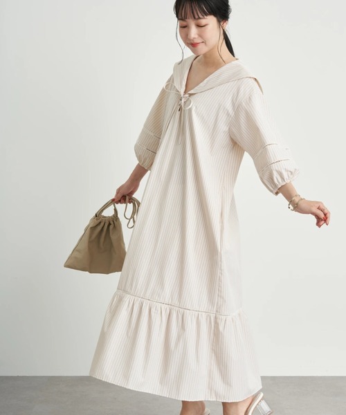 earth music&ecology（アースミュージックアンドエコロジー）の「【WEB限定】セーラーカラーボリュームワンピース ＊（ワンピース・レディース・オフホワイト/ネイビー/ストライプ・FREE）」の3枚目の写真