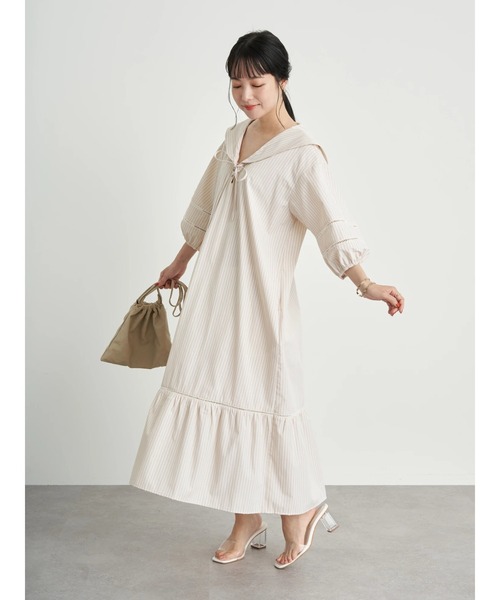 earth music&ecology（アースミュージックアンドエコロジー）の「【WEB限定】セーラーカラーボリュームワンピース ＊（ワンピース・レディース・オフホワイト/ネイビー/ストライプ・FREE）」の14枚目の写真