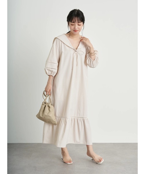 earth music&ecology（アースミュージックアンドエコロジー）の「【WEB限定】セーラーカラーボリュームワンピース ＊（ワンピース・レディース・オフホワイト/ネイビー/ストライプ・FREE）」の11枚目の写真