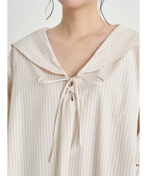 earth music&ecology（アースミュージックアンドエコロジー）の「【WEB限定】セーラーカラーボリュームワンピース ＊（ワンピース・レディース・オフホワイト/ネイビー/ストライプ・FREE）」の6枚目の写真