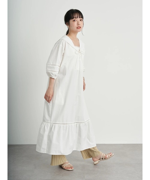 earth music&ecology（アースミュージックアンドエコロジー）の「【WEB限定】セーラーカラーボリュームワンピース ＊（ワンピース・レディース・オフホワイト/ネイビー/ストライプ・FREE）」の7枚目の写真