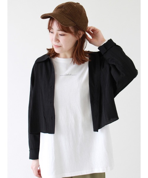 ehka sopo（エヘカソポ）の「ショート丈ドビーチェックシャツ（シャツ/ブラウス・レディース・ブラック/ベージュ/モカ・ﾌﾘ-）」の2枚目の写真