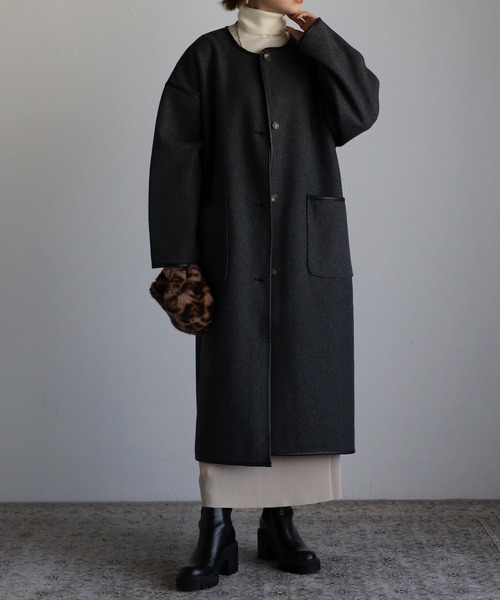 Fizz（フィズ）の「【Fizz/フィズ】　パイピング×フェイクウールロングコート（ノーカラーコート・レディース・ブラック/ベージュ/アイボリー/モカ/キナリ・M）」の3枚目の写真