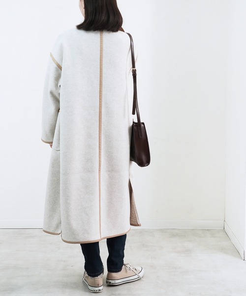 Fizz（フィズ）の「【Fizz/フィズ】　パイピング×フェイクウールロングコート（ノーカラーコート・レディース・ブラック/ベージュ/アイボリー/モカ/キナリ・M）」の14枚目の写真