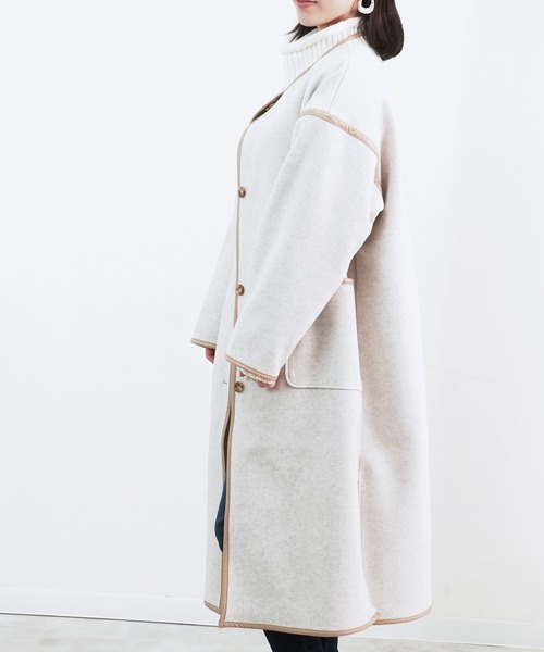 Fizz（フィズ）の「【Fizz/フィズ】　パイピング×フェイクウールロングコート（ノーカラーコート・レディース・ブラック/ベージュ/アイボリー/モカ/キナリ・M）」の17枚目の写真