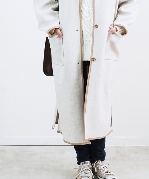 Fizz（フィズ）の「【Fizz/フィズ】　パイピング×フェイクウールロングコート（ノーカラーコート・レディース・ブラック/ベージュ/アイボリー/モカ/キナリ・M）」の10枚目の写真