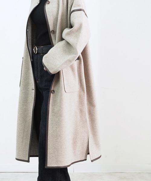 Fizz（フィズ）の「【Fizz/フィズ】　パイピング×フェイクウールロングコート（ノーカラーコート・レディース・ブラック/ベージュ/アイボリー/モカ/キナリ・M）」の21枚目の写真