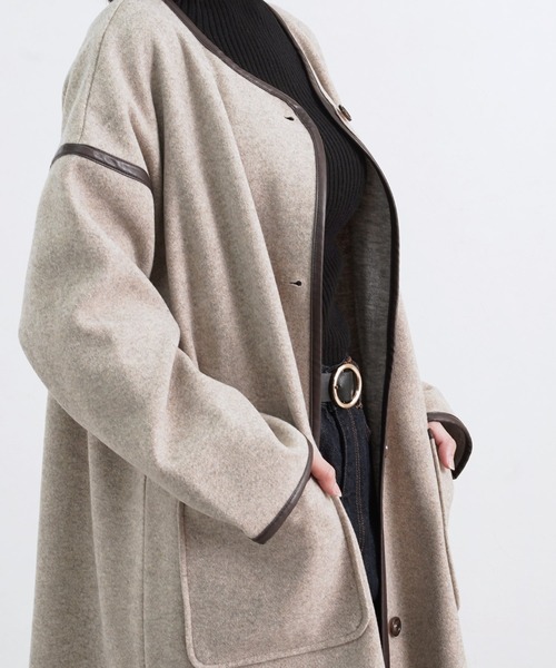 Fizz（フィズ）の「【Fizz/フィズ】　パイピング×フェイクウールロングコート（ノーカラーコート・レディース・ブラック/ベージュ/アイボリー/モカ/キナリ・M）」の12枚目の写真