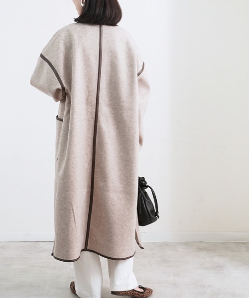 Fizz（フィズ）の「【Fizz/フィズ】　パイピング×フェイクウールロングコート（ノーカラーコート・レディース・ブラック/ベージュ/アイボリー/モカ/キナリ・M）」の15枚目の写真