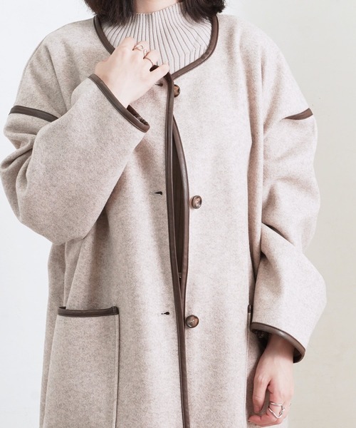 Fizz（フィズ）の「【Fizz/フィズ】　パイピング×フェイクウールロングコート（ノーカラーコート・レディース・ブラック/ベージュ/アイボリー/モカ/キナリ・M）」の18枚目の写真