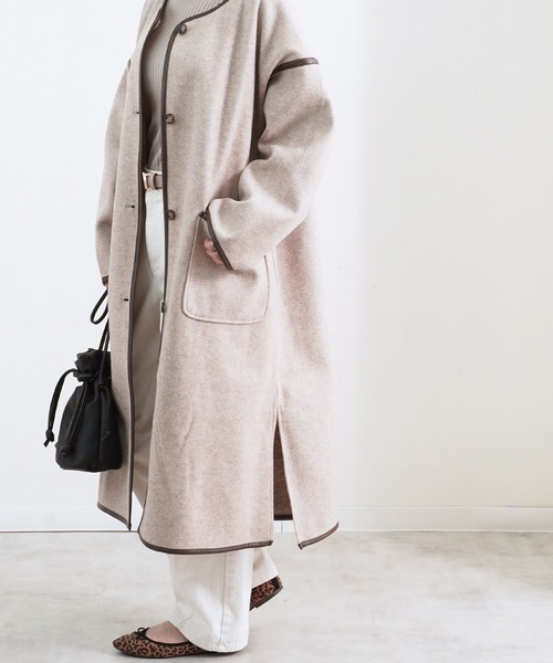 Fizz（フィズ）の「【Fizz/フィズ】　パイピング×フェイクウールロングコート（ノーカラーコート・レディース・ブラック/ベージュ/アイボリー/モカ/キナリ・M）」の9枚目の写真