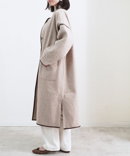 Fizz（フィズ）の「【Fizz/フィズ】　パイピング×フェイクウールロングコート（ノーカラーコート・レディース・ブラック/ベージュ/アイボリー/モカ/キナリ・M）」の11枚目の写真